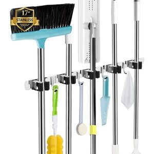 5 Racks 4 Hooks Mop & Broom Holder - Wall Mount, Stainless Steel, Non-Slip.